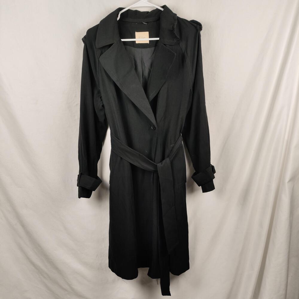 Elie Tahari Coat Womens Large Black Trench Belted Button Front Lined Twill